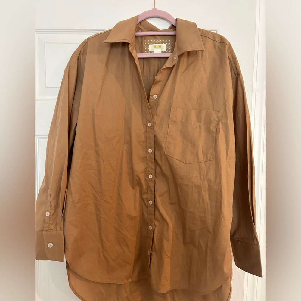 Maeve Oversized Button Down in Camel size medium